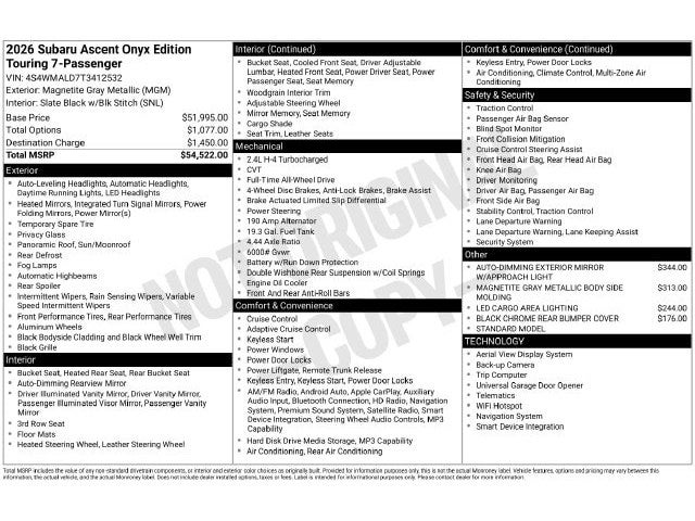 2026 Subaru ASCENT Onyx Edition Touring 7-Passenger