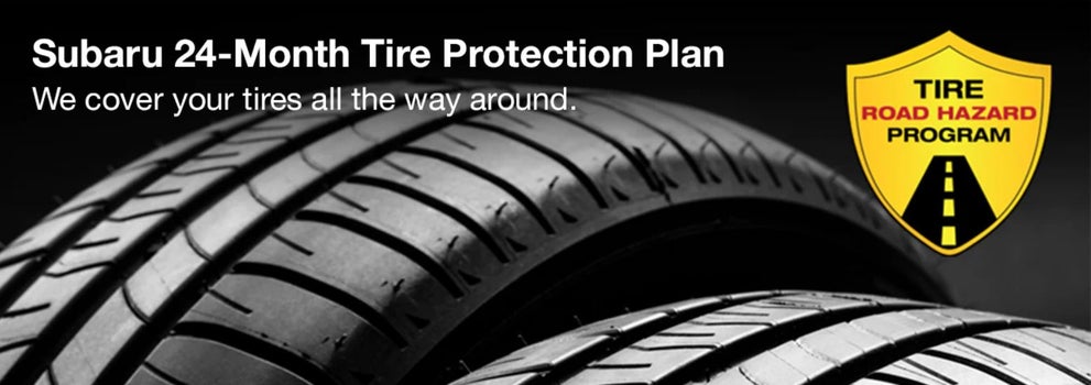 Subaru tire with 24-Month Tire Protection and road hazard program logo. | Subaru of Columbia in Columbia MO