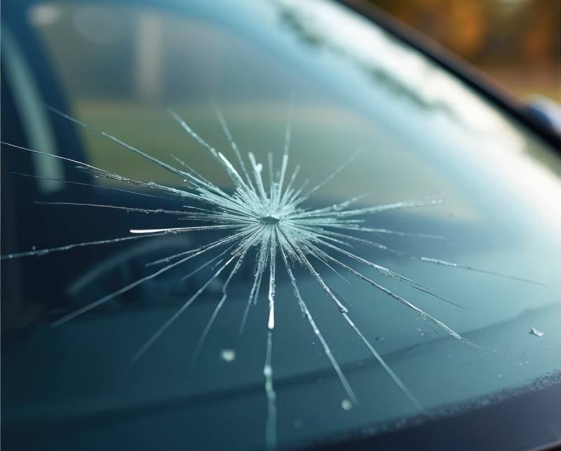 Cracked vehicle windshield with spiderweb glass chip